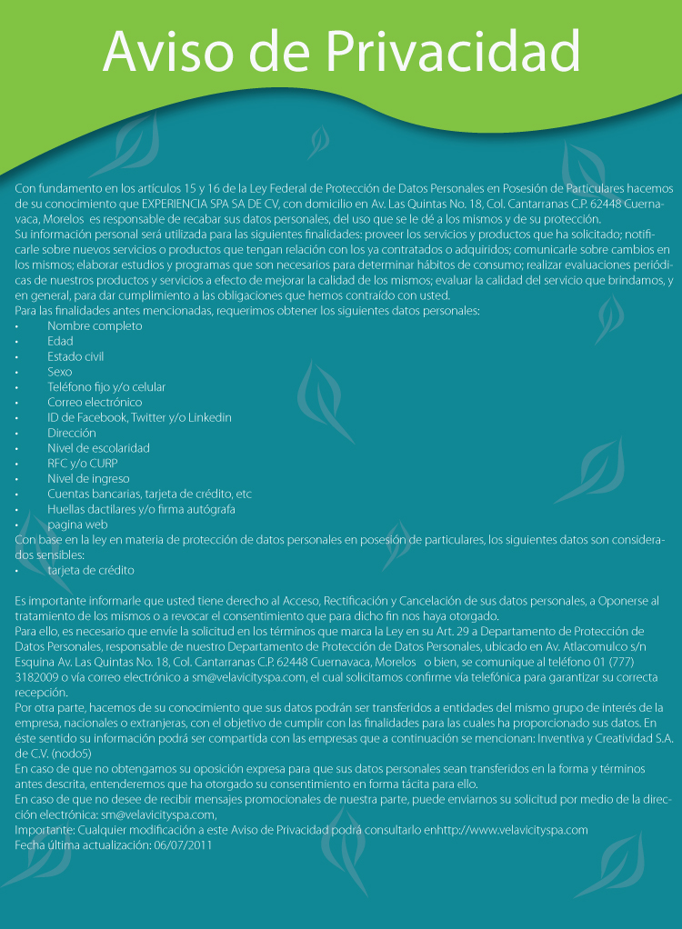 Aviso de Privacidad Velavi City Spa